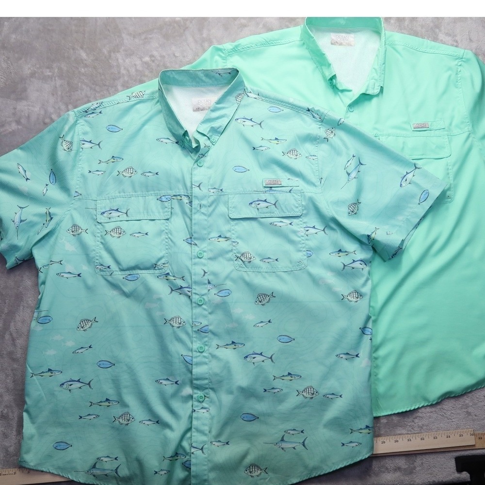 Lot of 2 Ocean Coast Men's XXL Fishing Shirts Mint Green Fish Print Short Sleeve